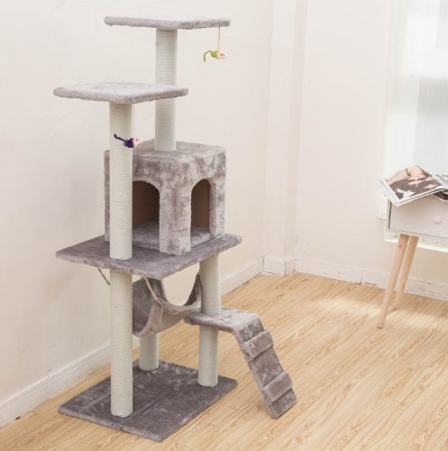 Macska kaparófa - Házikóval, hintával és pihenő felülettel  - Szürke színben 